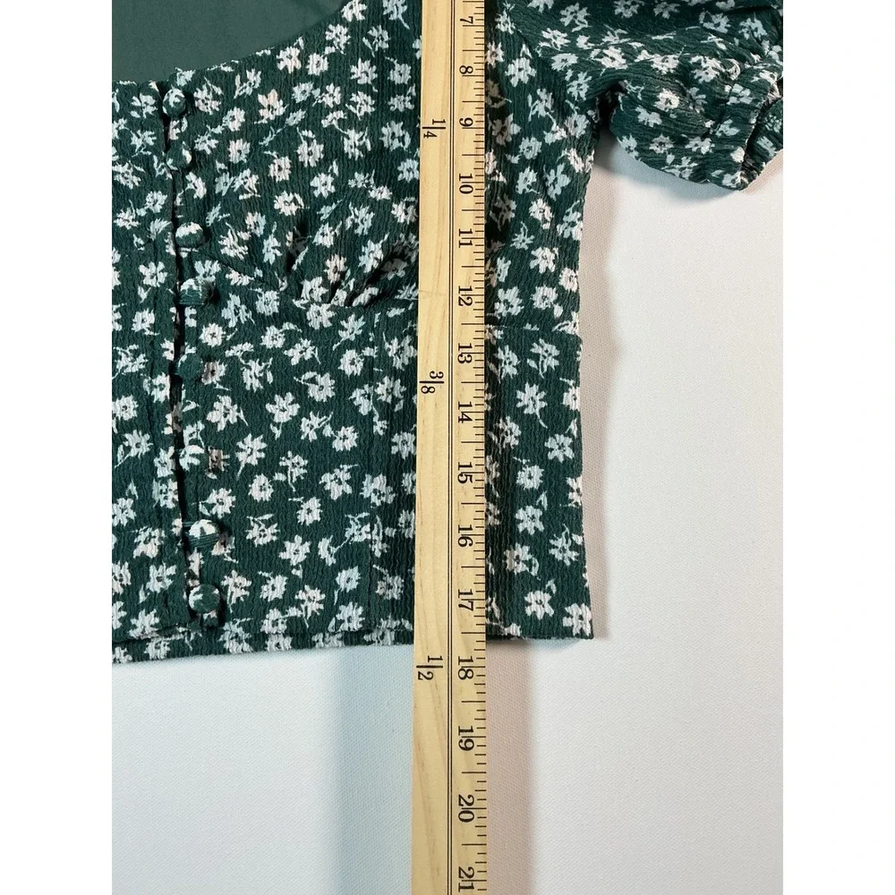 Free People Daisy Chain Sweet Sun Puff Sleeve Crop Top Green Floral Size M